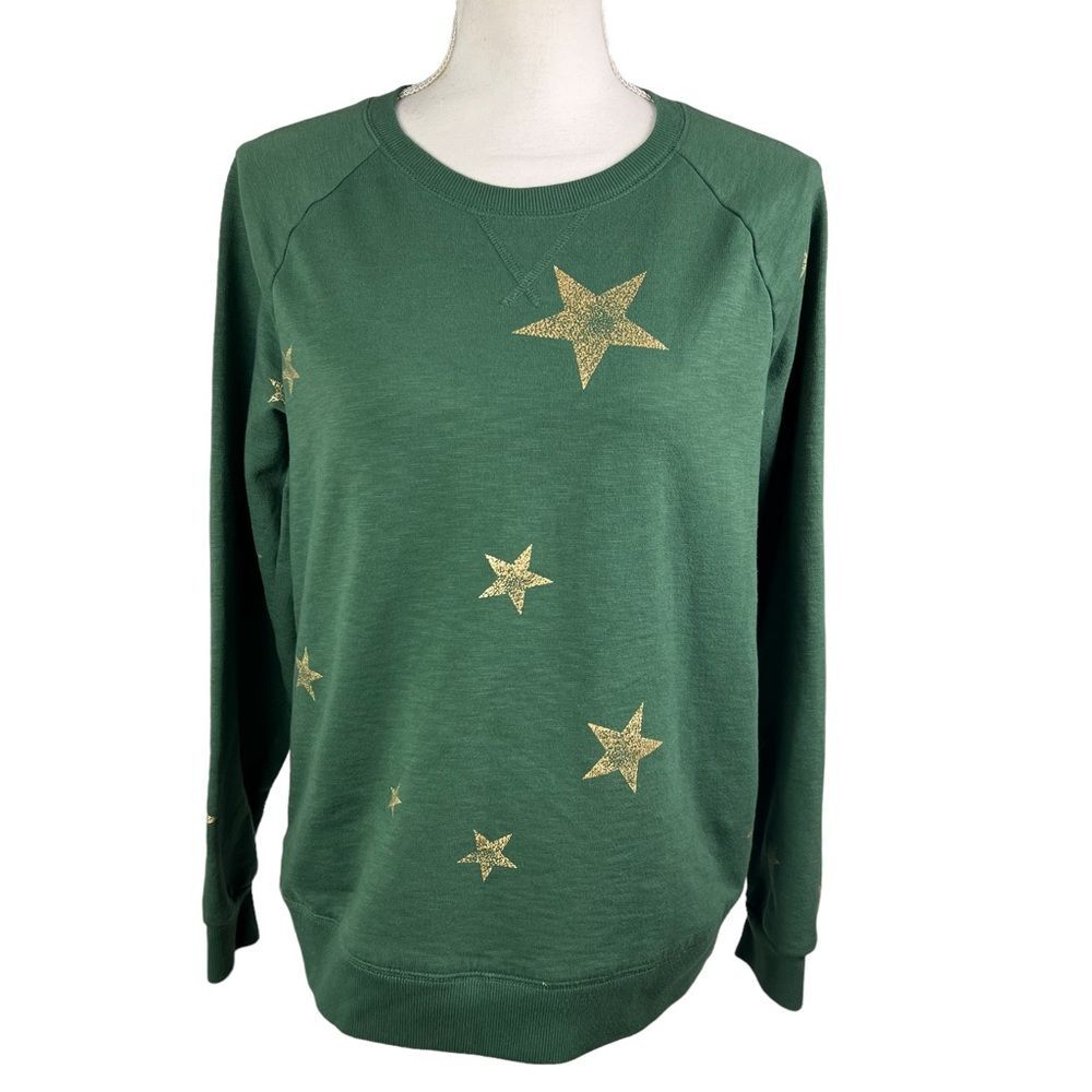 Green Gold Stars Lightweight Sweatshirt Medium Crewneck Sonoma Christmas Festive